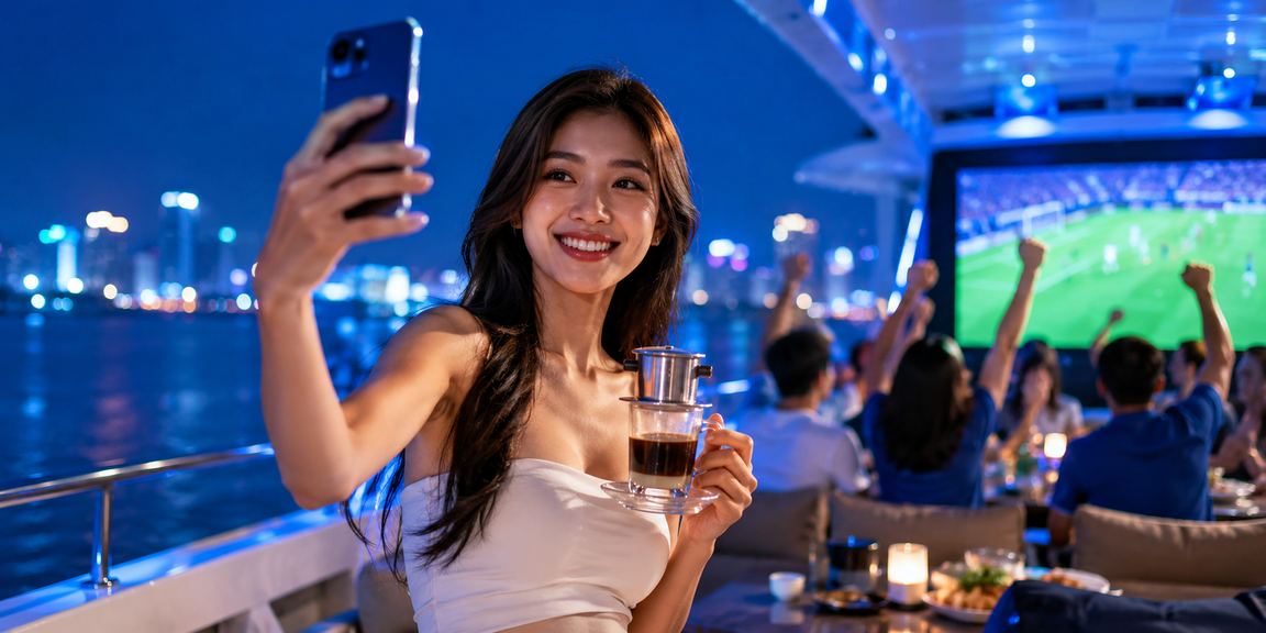 Người dùng xem kèo thể thao tg888 tại quán cà phê Đà Lạt qua điện thoại