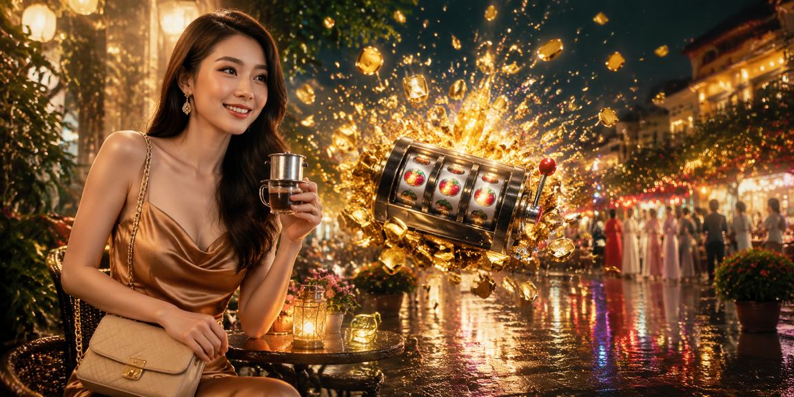 Người dùng Đà Lạt chơi Slot game tg888 qua điện thoại tại quán cà phê có không khí mát mẻ