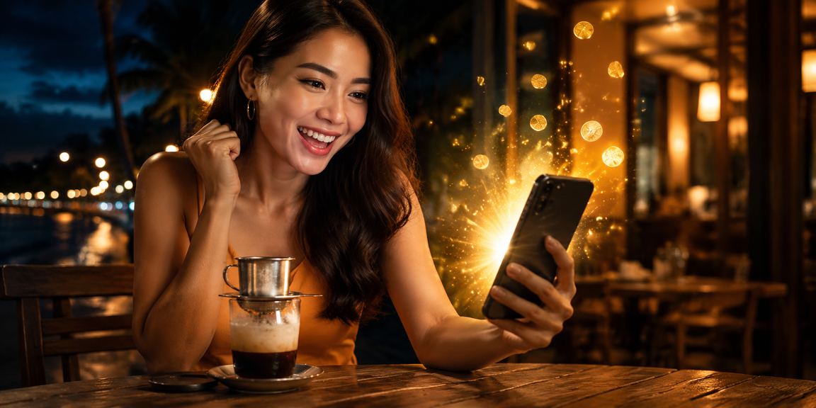 Người dùng tại Mũi Né đăng ký tài khoản tg888 và nhận thưởng qua điện thoại bên ly cà phê
